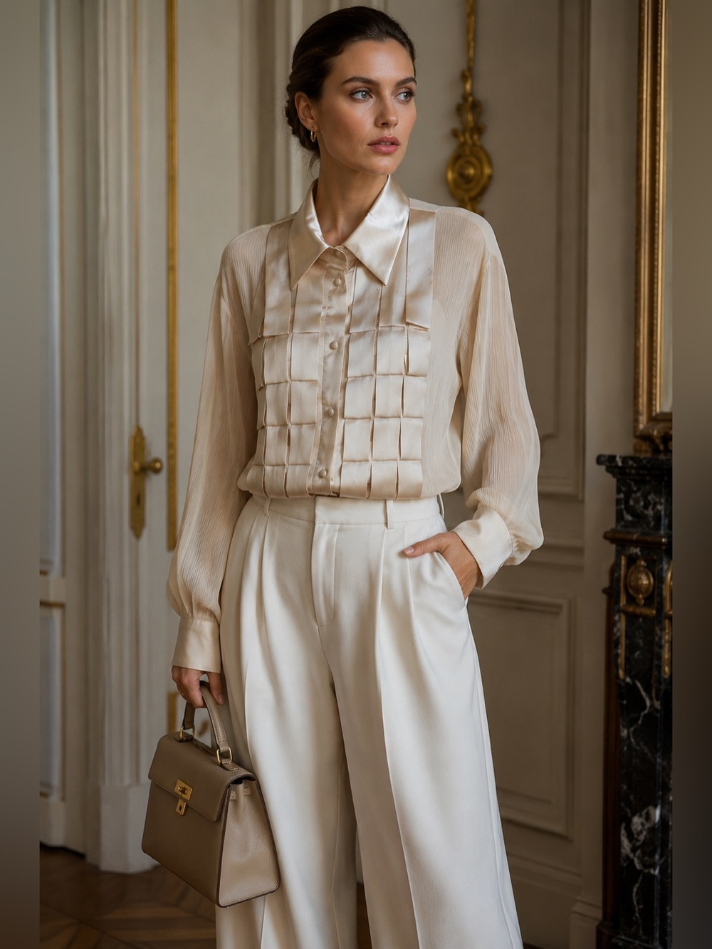 KELYN-MAX Champagne Sheer Pleated Blouse L Satin Collar Elegant Glam Old Money